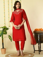 Myshka Women's Red Georgette Kurta & Trousers With Dupatta Party Sets