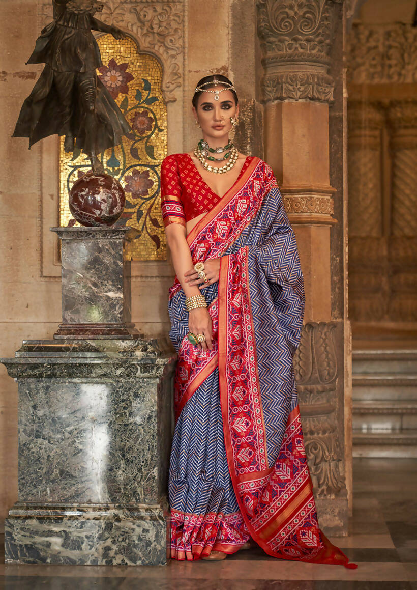 Navy Blue Banarasi Weaving, Ultra Aqua Finish, Zari Work Banarasi Silk Saree - Rath Kunti