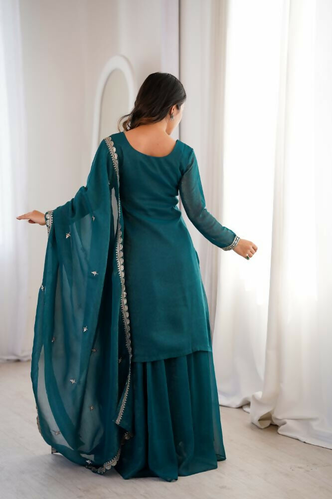 Lehenga Mart Designer Sharara Suit With Kurta, Sharara, Dupatta For Women-Teal Blue - Distacart