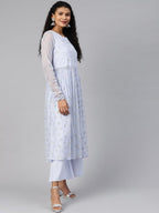 Ahalyaa Women's Blue Net Silver Glitter Printed Kurta Palazzo Set - Distacart