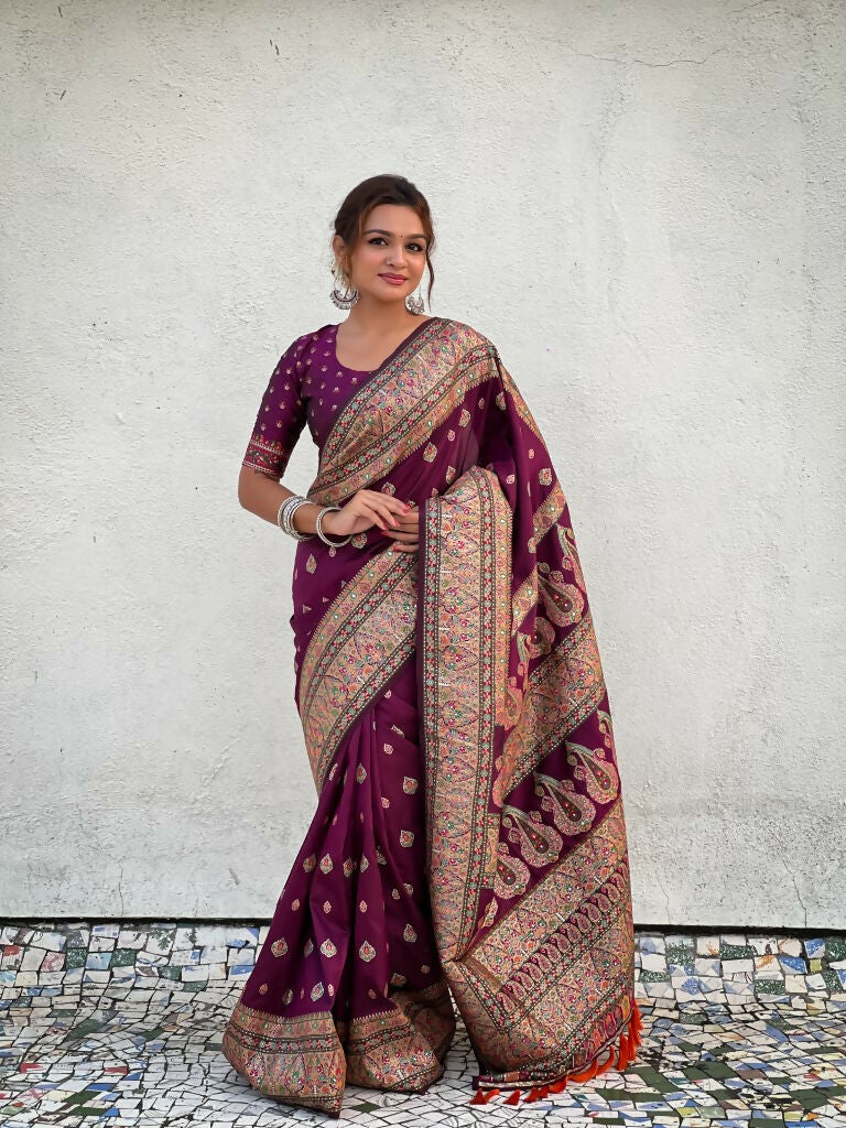 Magenta Pashmina Silk Wevon Kashmiri Meenakari Designer Saree with Unstitched Blouse - Vandini