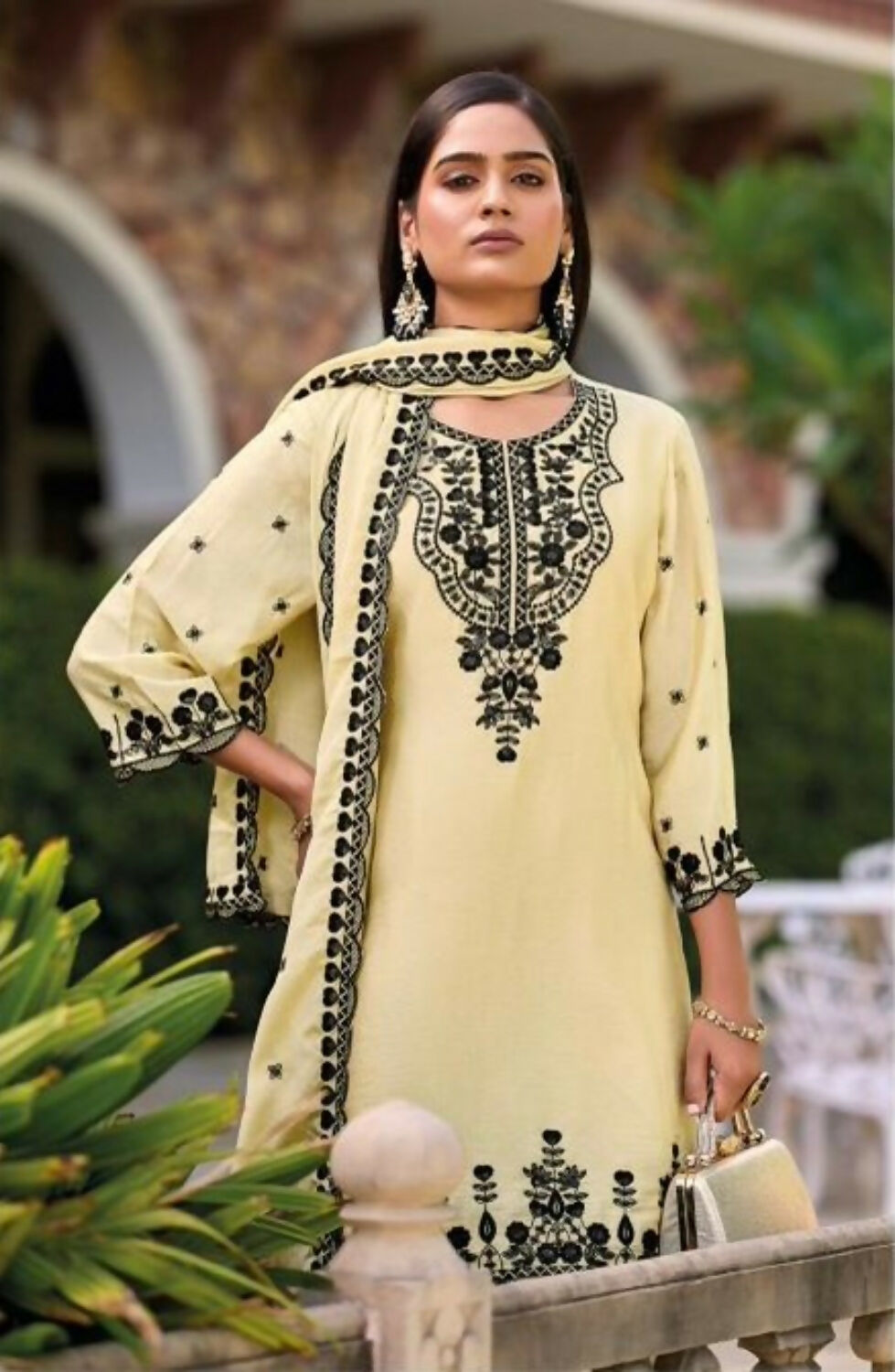 Anaita Beige Chinon Readymade Palazzo Suit with Heavy Embroidery Work - Distacart