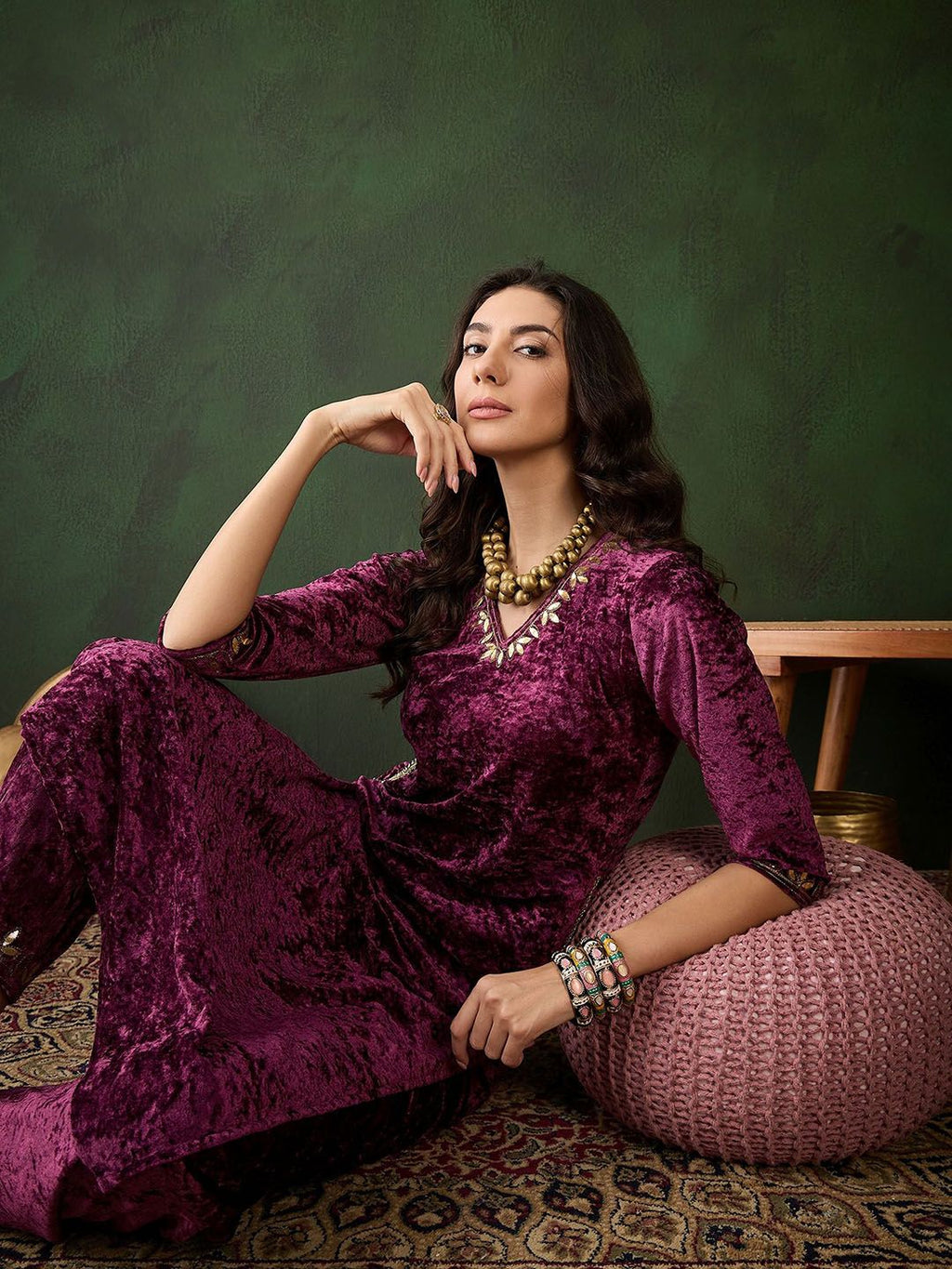 Sangria Embroidered Straight Velvet Kurta