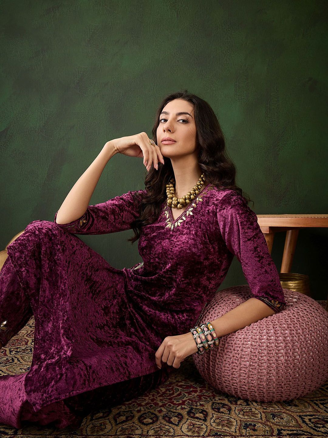 Sangria Embroidered Straight Velvet Kurta