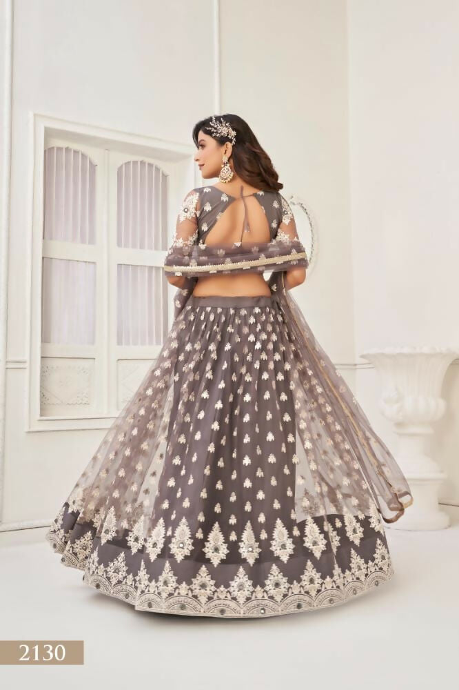 Aastha Fashion Space Gray Butterfly Net White Cotton Thread Work And Sequence Work Embroidery Wedding Wear Lehenga Choli