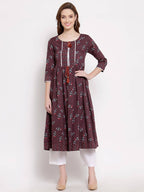 Myshka Women's Wine Cotton 3/4 Sleeve Round Neck Printed Casual Shrug