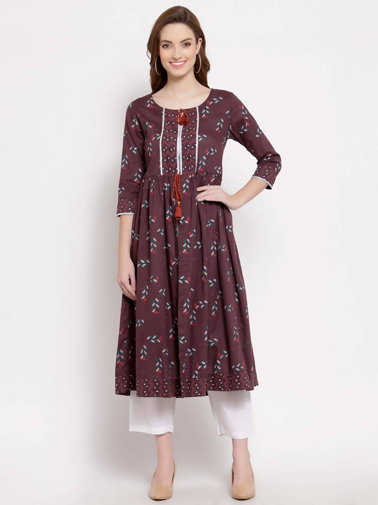 Myshka Women's Wine Cotton 3/4 Sleeve Round Neck Printed Casual Shrug