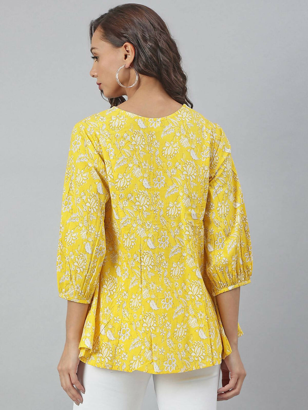 Janasya Women's Yellow Cotton Floral Print Flared Top - Distacart