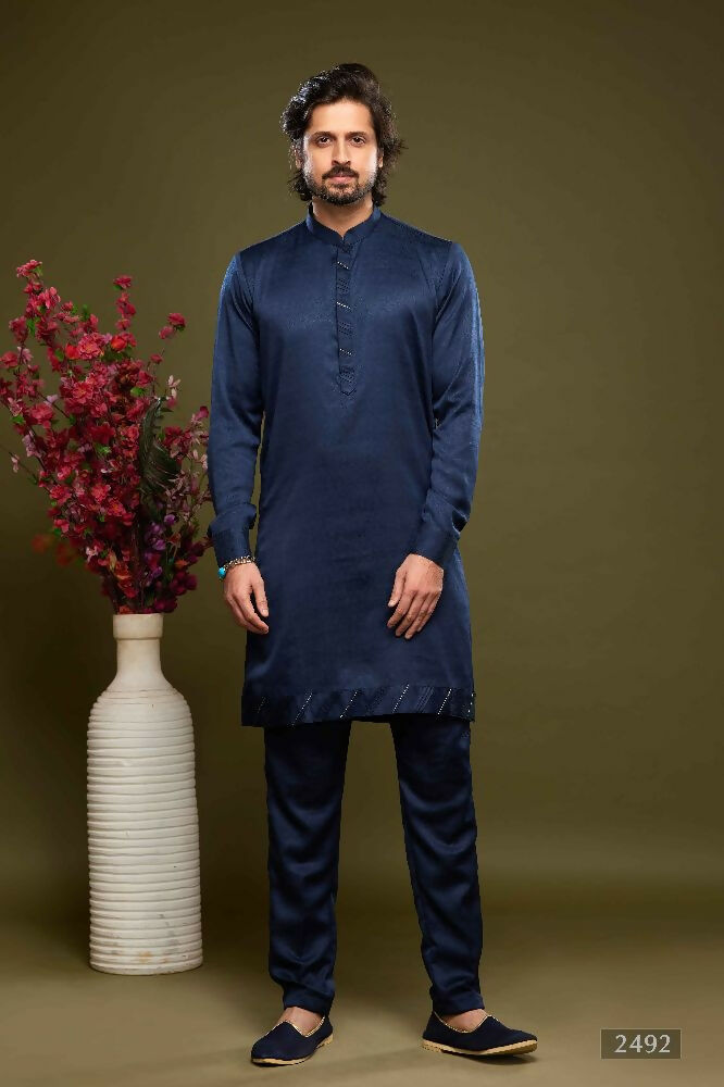 Raivat Ethnic Art Banarasi Silk Thread Work Kurta Pajama In Blue Colour
