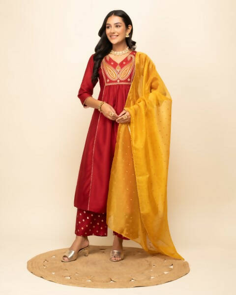 FIORRA Women's Red Silk Blend A-Line Kurta Palazzo Set With Dupatta