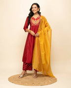 FIORRA Women's Red Silk Blend A-Line Kurta Palazzo Set With Dupatta