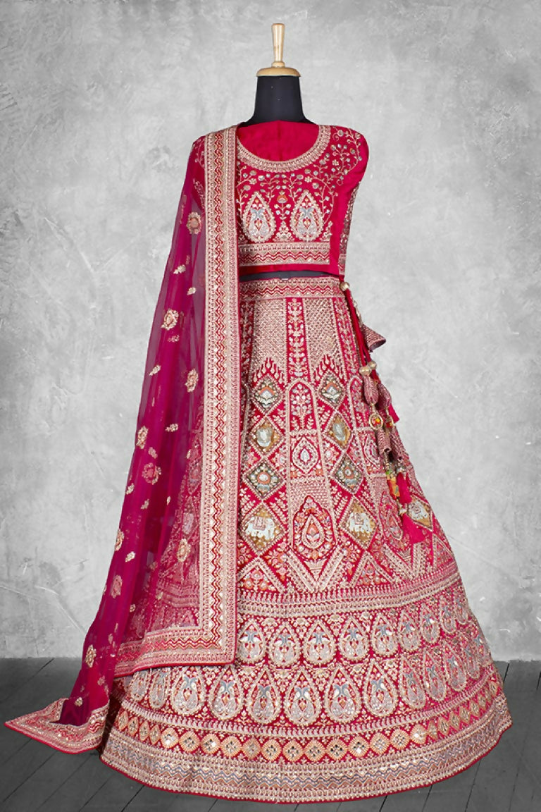 Pink Velvet Pure Mirror Work Semi Stitched Lehenga Choli with Dupatta - Nimaya Lagnotsav