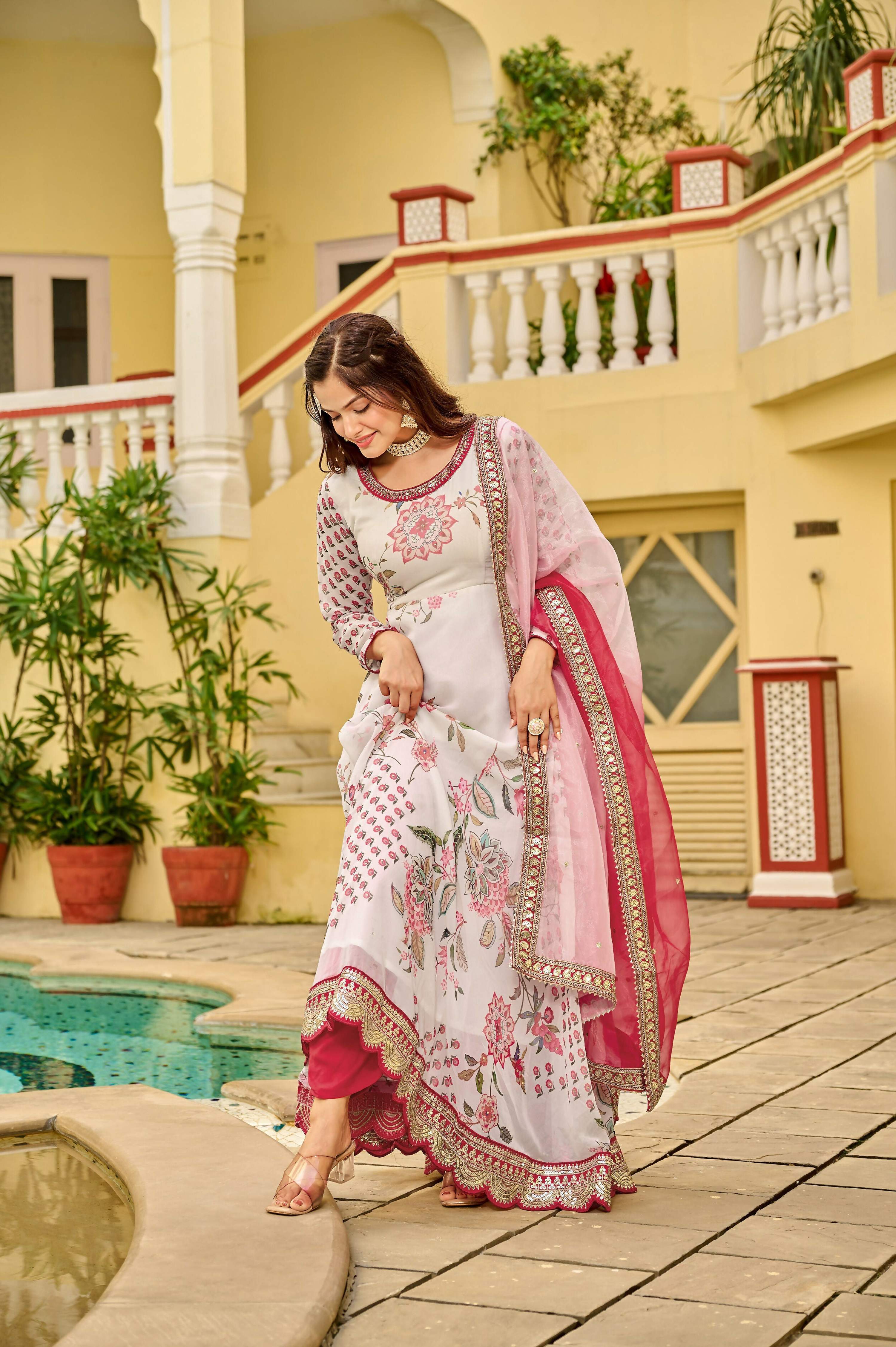 Joban Fashion Pink/white Kurta Set Georgette Embroidery Sequence Work - Distacart