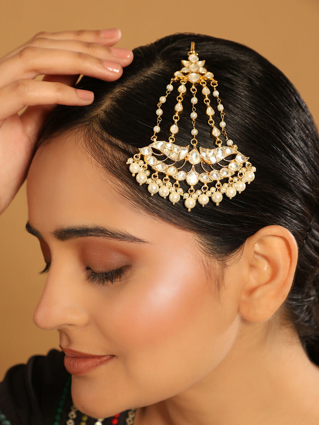 Nuyug 22K Gold-Plated Kundan & Pearl Studded Jhumar Paasa Head Jewellery - Distacart