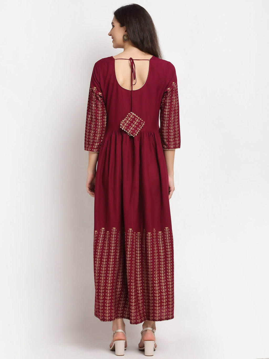 Rudra bazaar Gold Printed A-line flared Maroon Kurti - Distacart