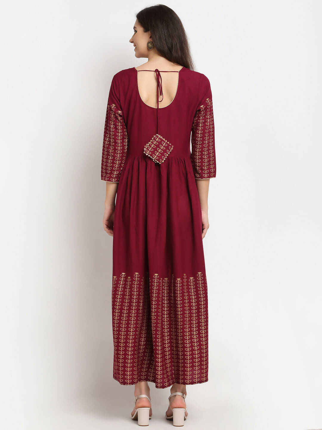 Rudra bazaar Gold Printed A-line flared Maroon Kurti - Distacart