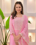 The52 Pink Women's Beautiful Chikankari Work Chanderi Fabric Straight Kurta Pant and Dupatta Set - Distacart