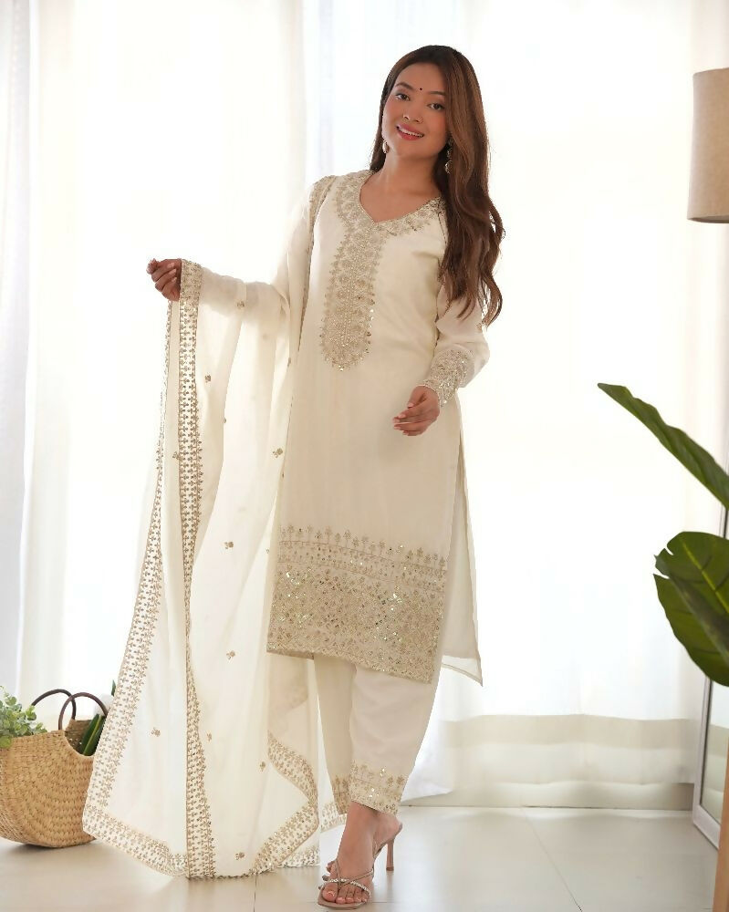 Joban Fashion White Kurta Set Silk Sequence Embroidery Work - Distacart
