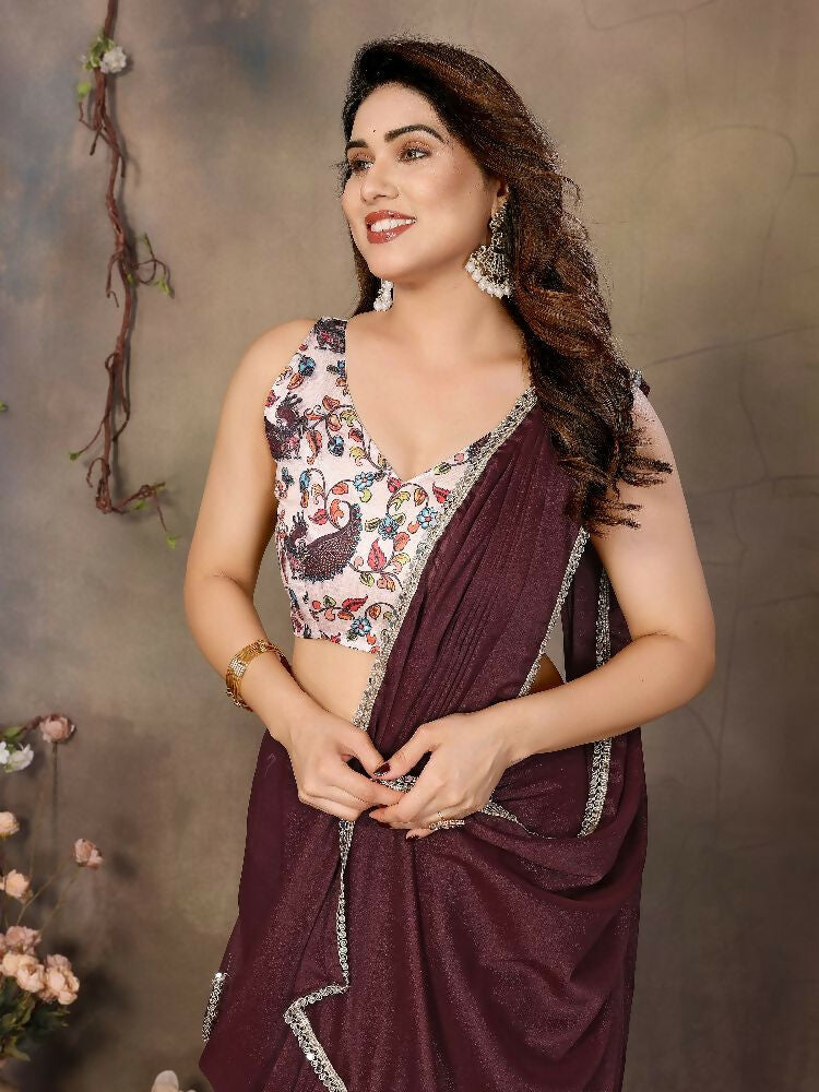PR Fashion Brown Star Georgette Solid Georgette With Mirror Border Saree