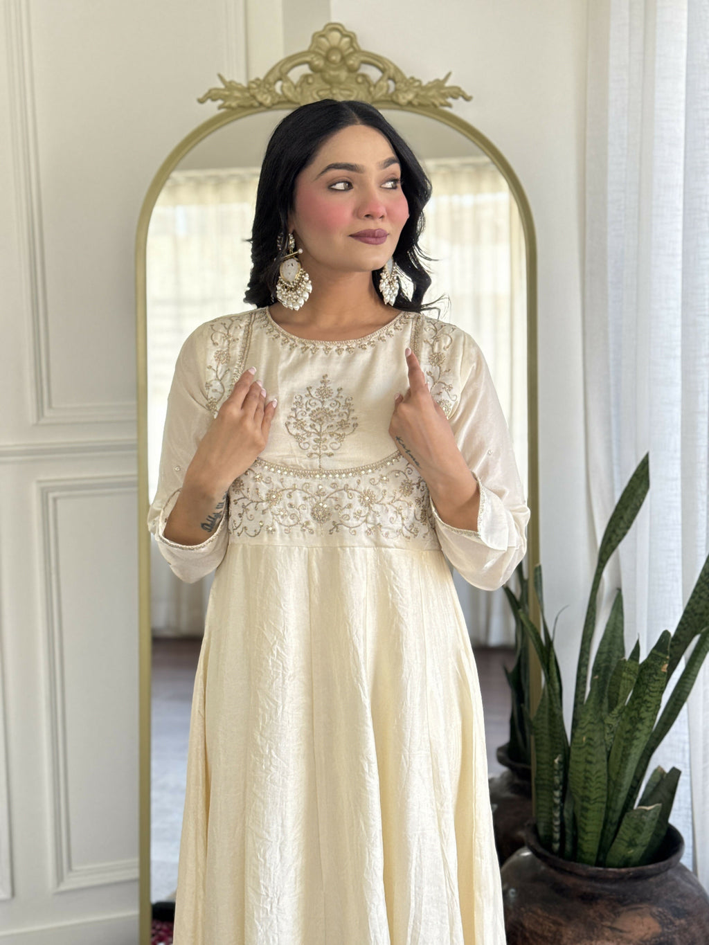 The52 CreamWomen's Gorgeous Embroidered Vichitra Silk Fabric Flared Kurta Pant with Dupatta Set - Distacart