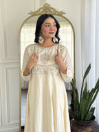 The52 CreamWomen's Gorgeous Embroidered Vichitra Silk Fabric Flared Kurta Pant with Dupatta Set - Distacart