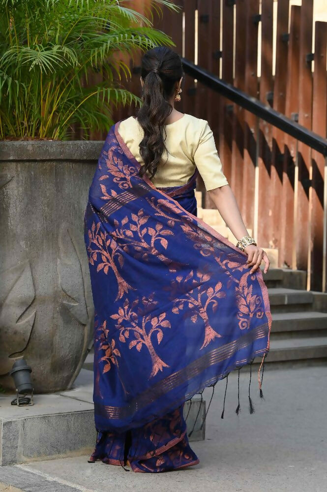 Beatitude Blue Cotton Floral Jamdani Saree