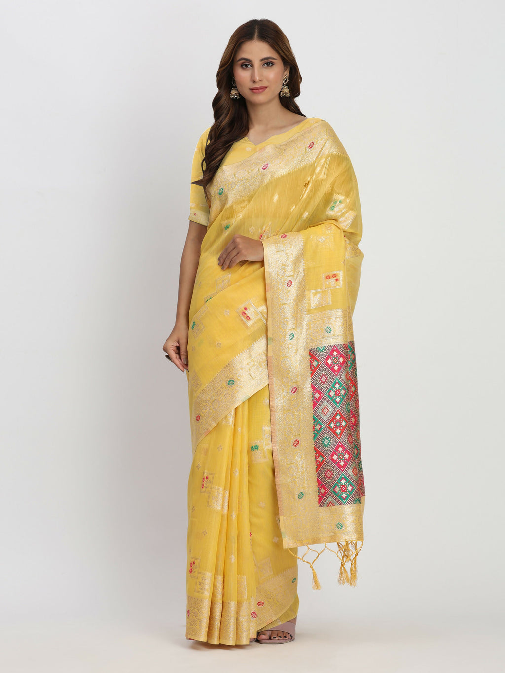 Shree Shyam Fashion Linen Cotton Yellow Saree - Distacart