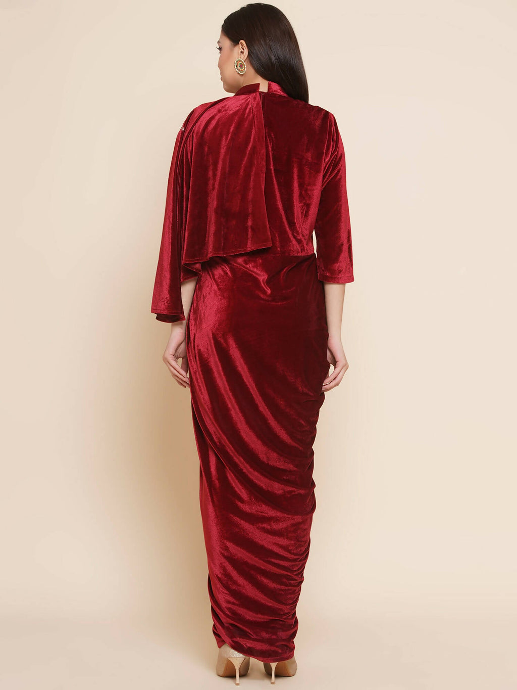 Women Republic Maroon Velvet Drape Styel Gown - Distacart