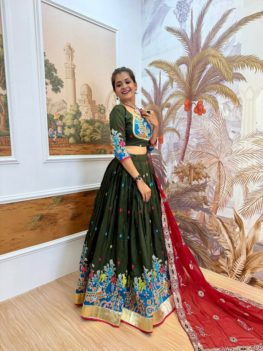 Teeya Creation Green Colour Rayon Silk Embroidery Work Fully Stitched Navratri Lehenga