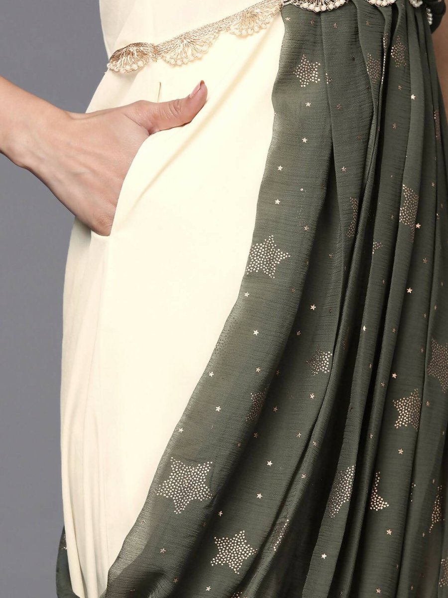 Ahalyaa Off White & Olive Green Ethnic Maxi Dress with Attached Dupatta - Distacart