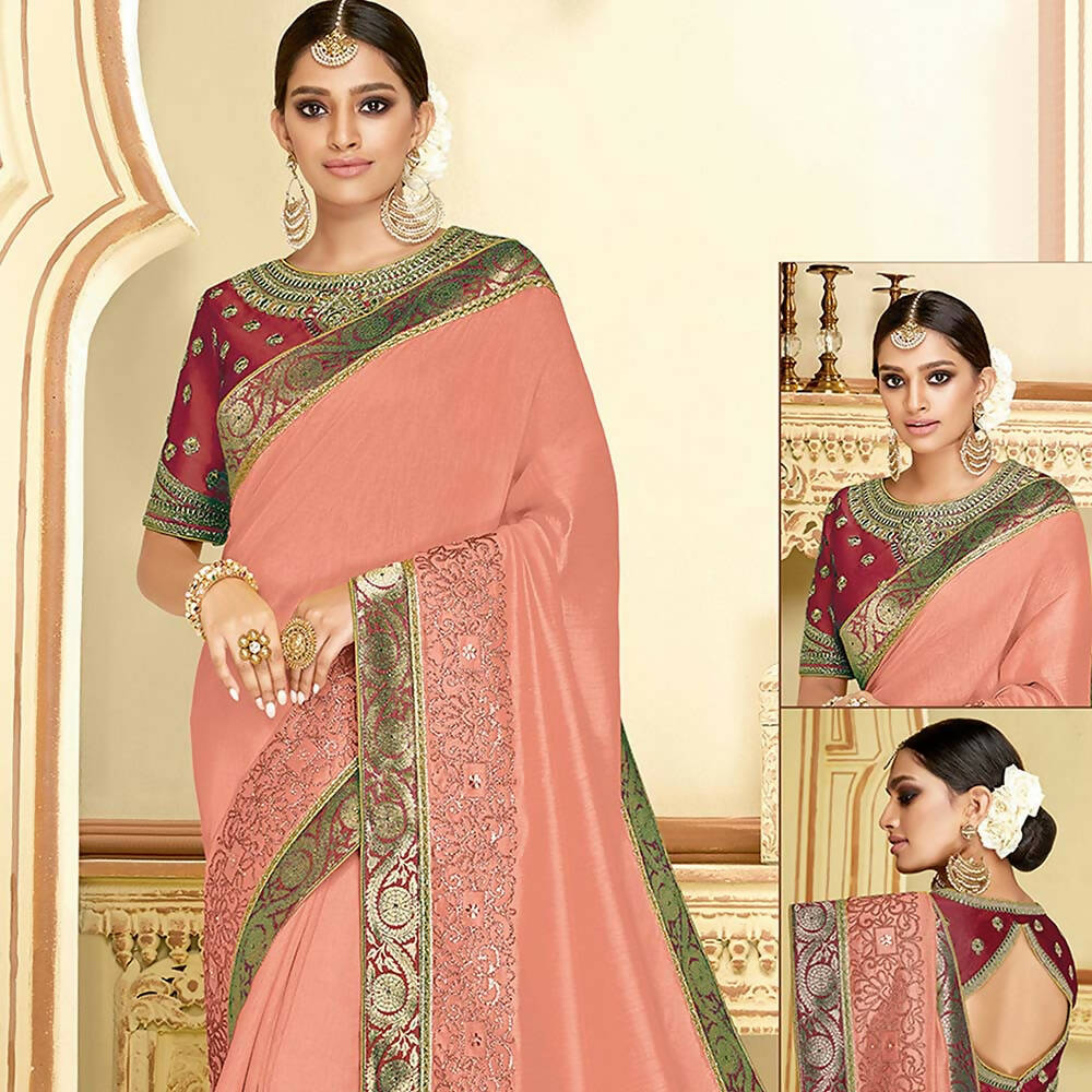 Dusty Peach Satin Silk Zari Embroidery, Laser Cut Borders, Tassels Saree - Norita Alankrita