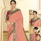 Dusty Peach Satin Silk Zari Embroidery, Laser Cut Borders, Tassels Saree - Norita Alankrita