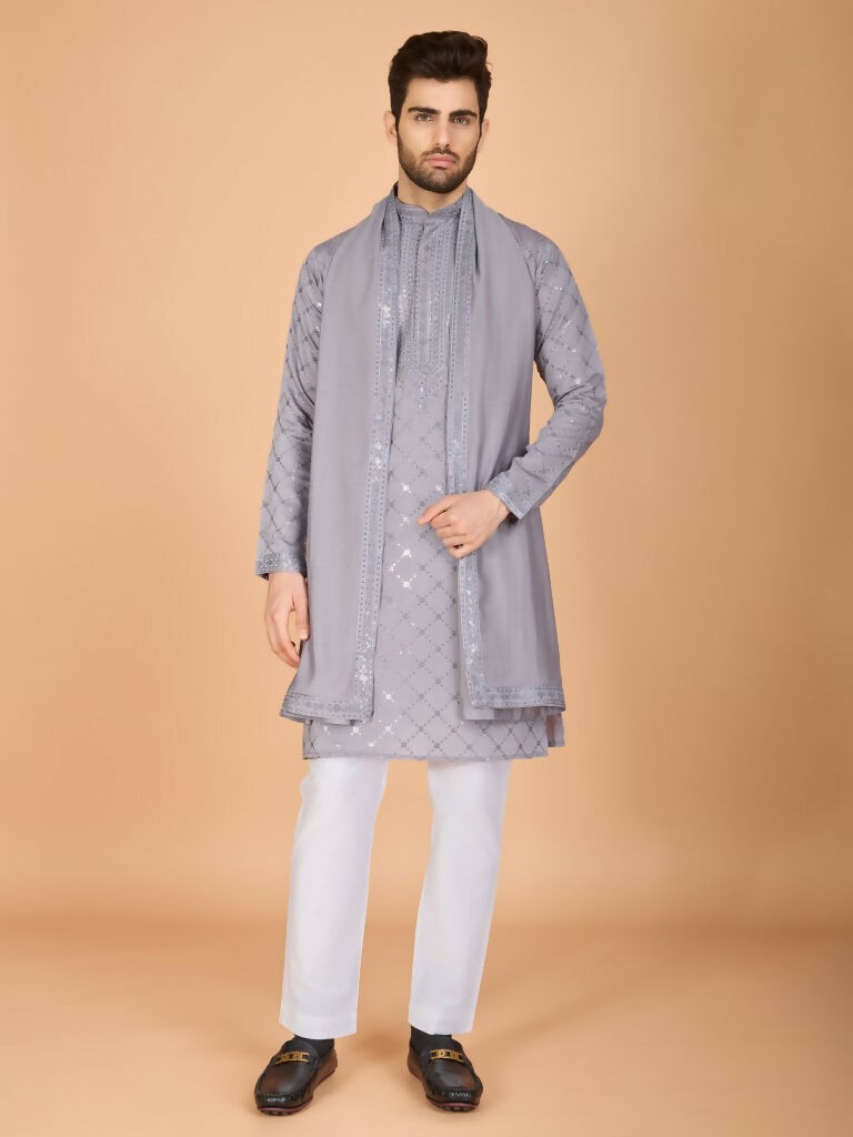 Vastranavya Grey Exclusive Festival Wear Viscose Silk Thread with Sequence Embroidered Work Kurta with Dupatta