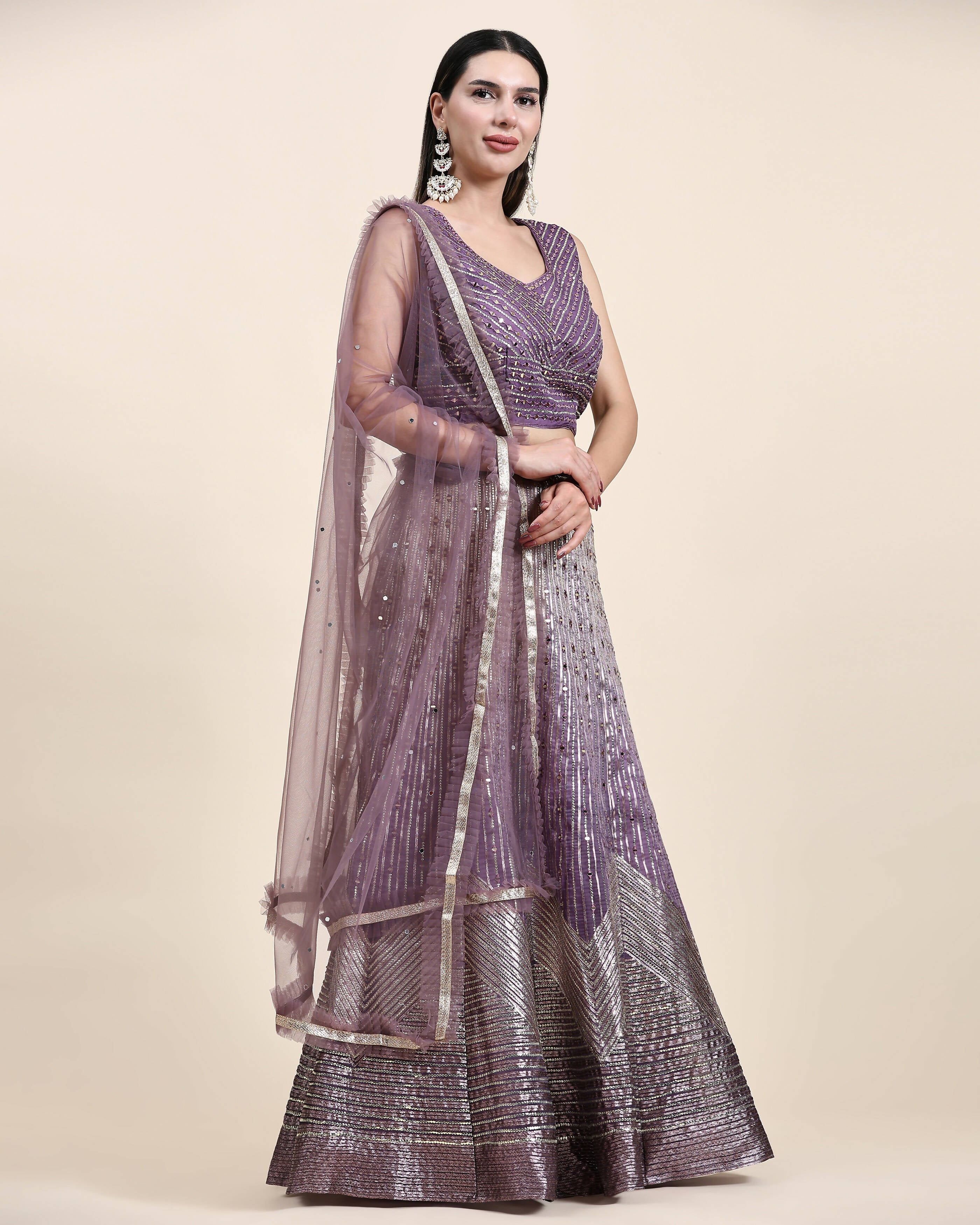 Lavender Organza Mirror With Coding Work Lehenga Choli with Dupatta - Tanya