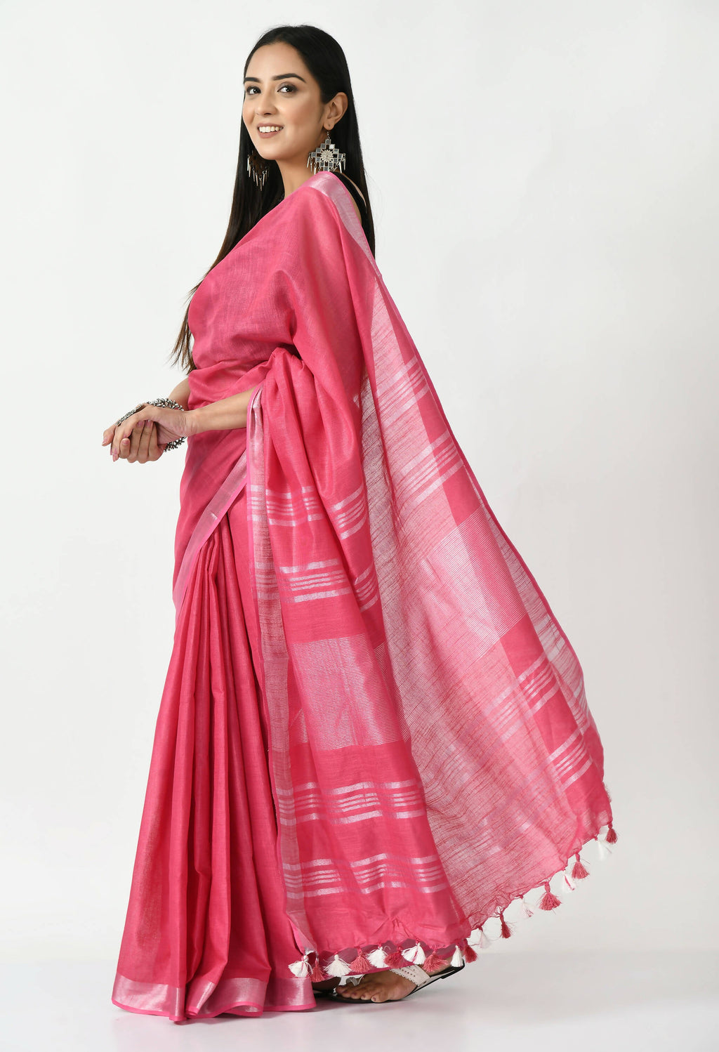 Mominos Fashion Moeza Pink Bhagalpuri Handloom Silk Linen Saree with unstitched Blouse piece - Distacart