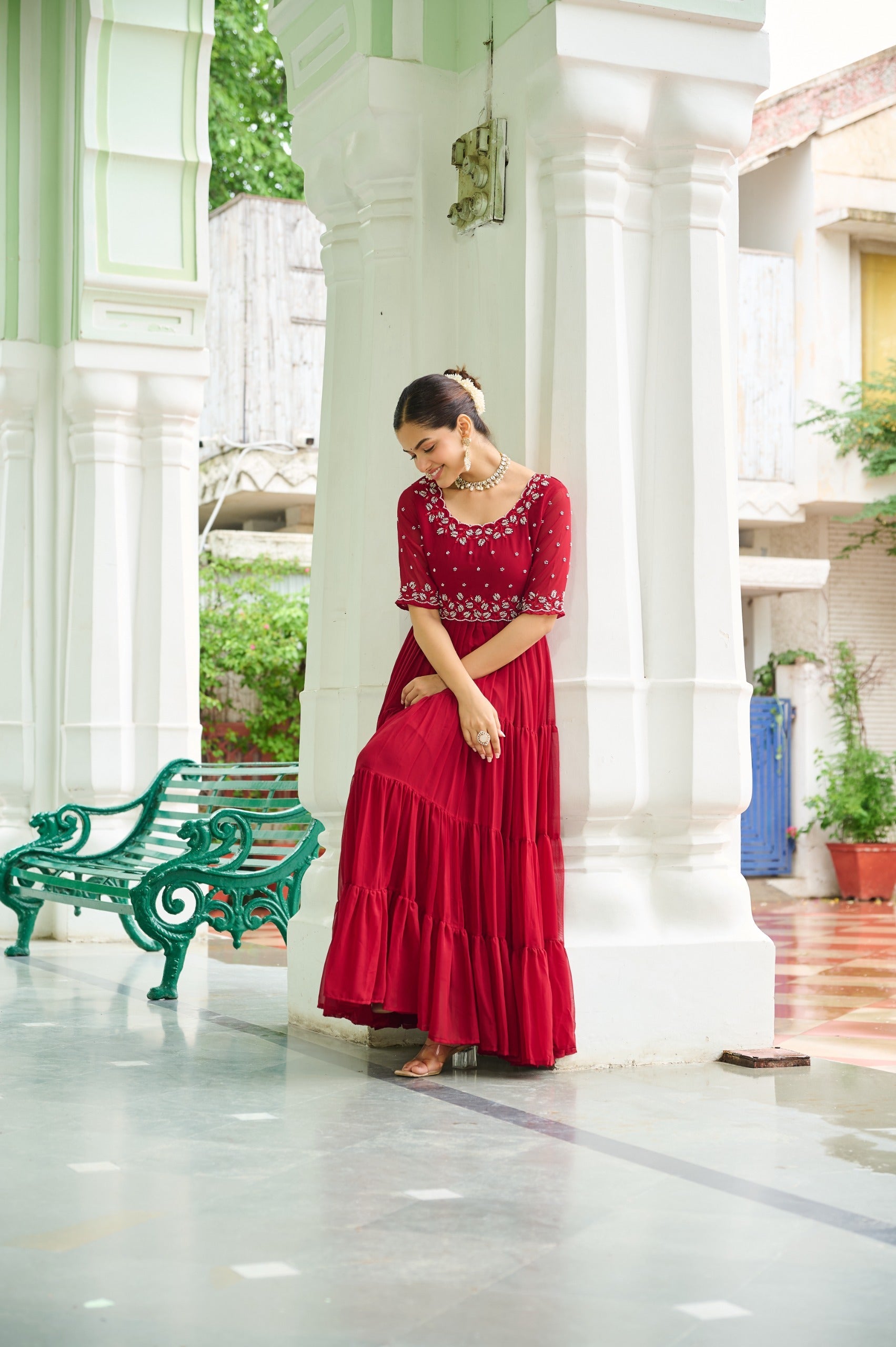 Prazu Fashion Maroon Georgette Beads Embroidery-Work Designer Gown - Distacart