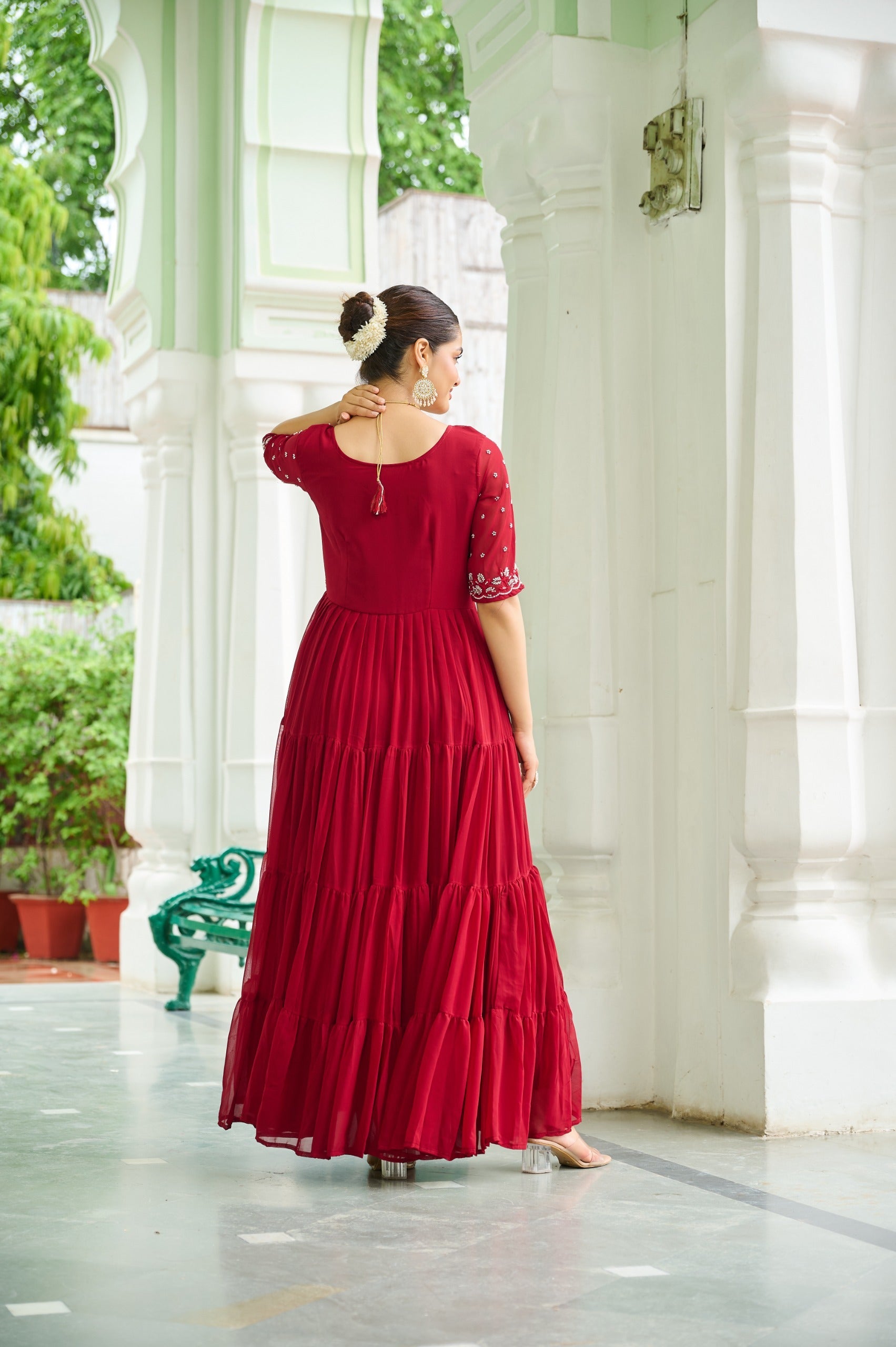 Prazu Fashion Maroon Georgette Beads Embroidery-Work Designer Gown - Distacart