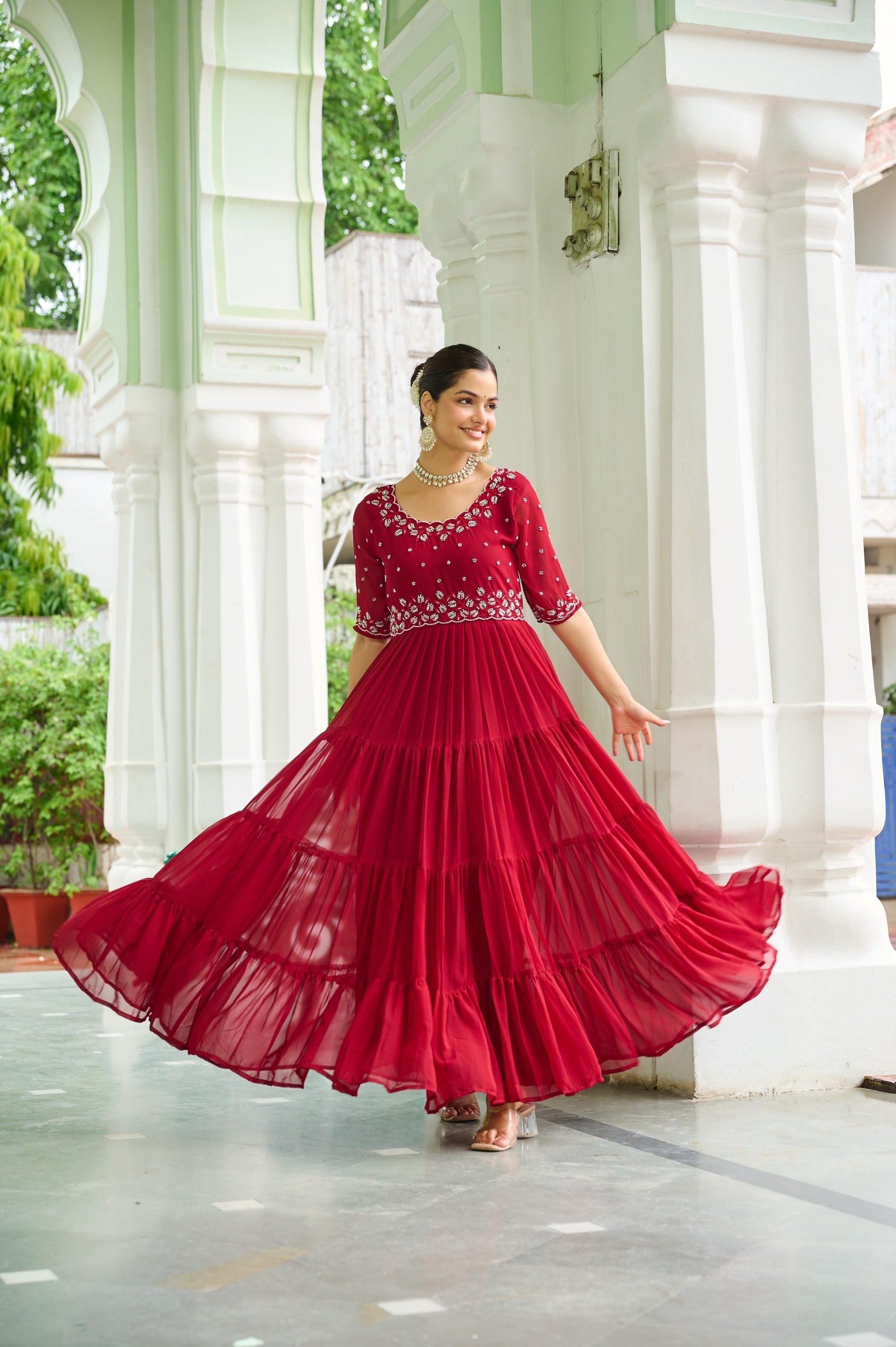 Prazu Fashion Maroon Georgette Beads Embroidery-Work Designer Gown - Distacart