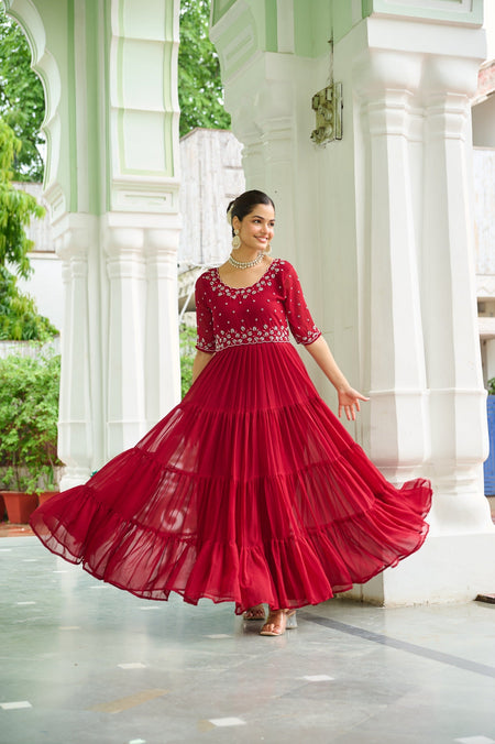 Prazu Fashion Maroon Georgette Beads Embroidery-Work Designer Gown
