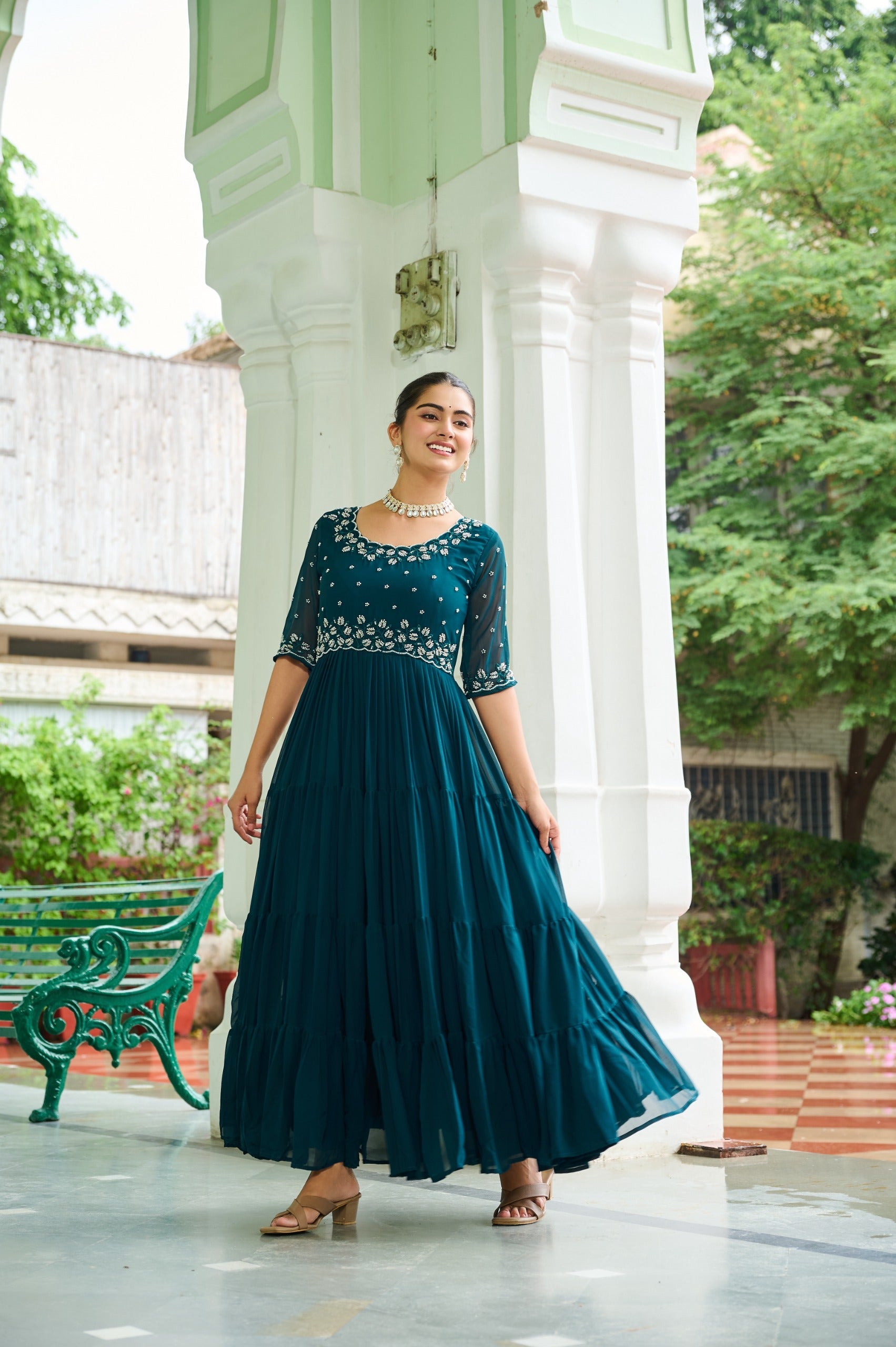 Prazu Fashion Rama Georgette Beads Embroidery-Work Designer Gown - Distacart