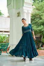 Prazu Fashion Rama Georgette Beads Embroidery-Work Designer Gown - Distacart