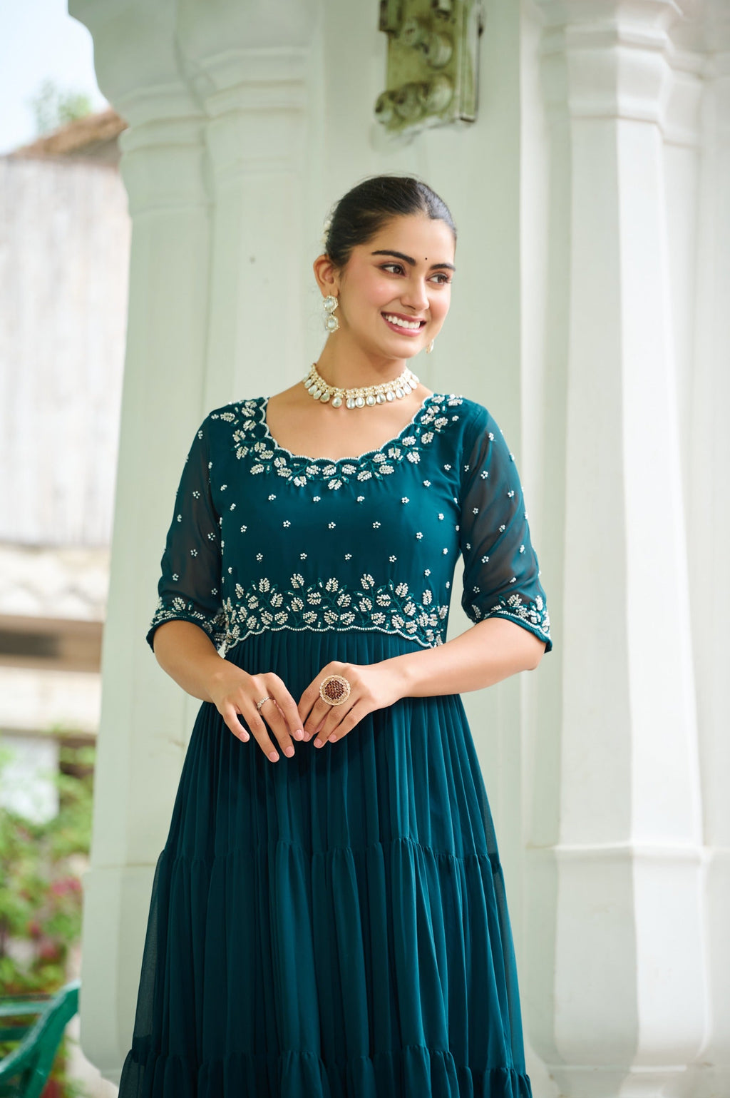 Prazu Fashion Rama Georgette Beads Embroidery-Work Designer Gown - Distacart