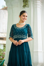 Prazu Fashion Rama Georgette Beads Embroidery-Work Designer Gown - Distacart