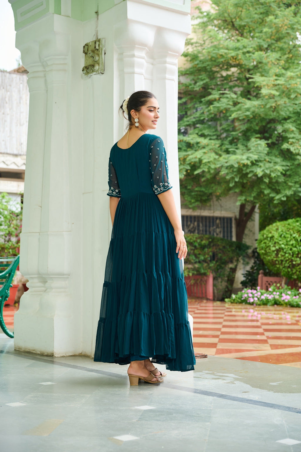 Prazu Fashion Rama Georgette Beads Embroidery-Work Designer Gown - Distacart