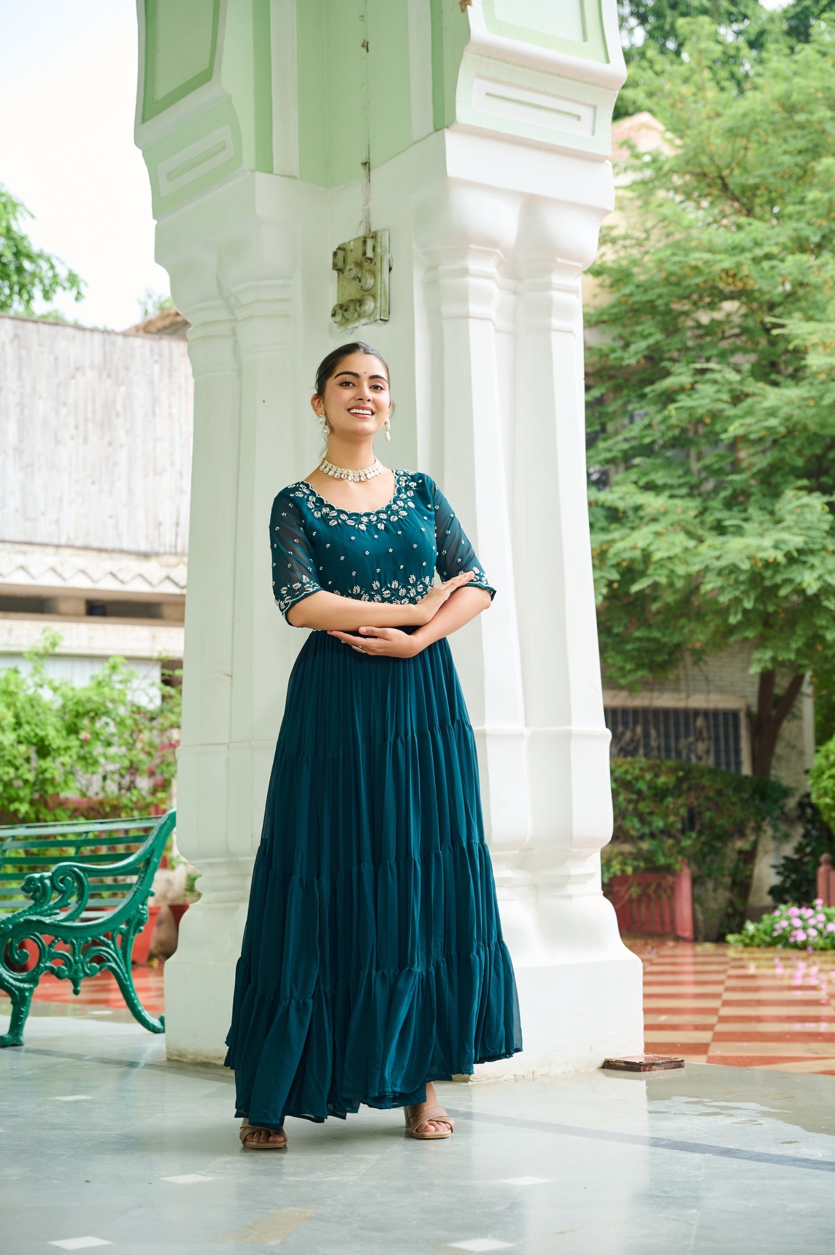 Prazu Fashion Rama Georgette Beads Embroidery-Work Designer Gown - Distacart