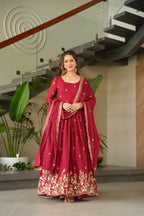 Prazu Fashion Red Chinnon With Embroidery Zari Sequins Work Gown - Distacart