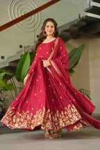 Prazu Fashion Red Chinnon With Embroidery Zari Sequins Work Gown - Distacart