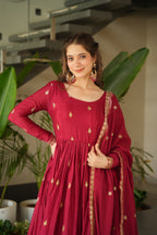 Prazu Fashion Red Chinnon With Embroidery Zari Sequins Work Gown - Distacart