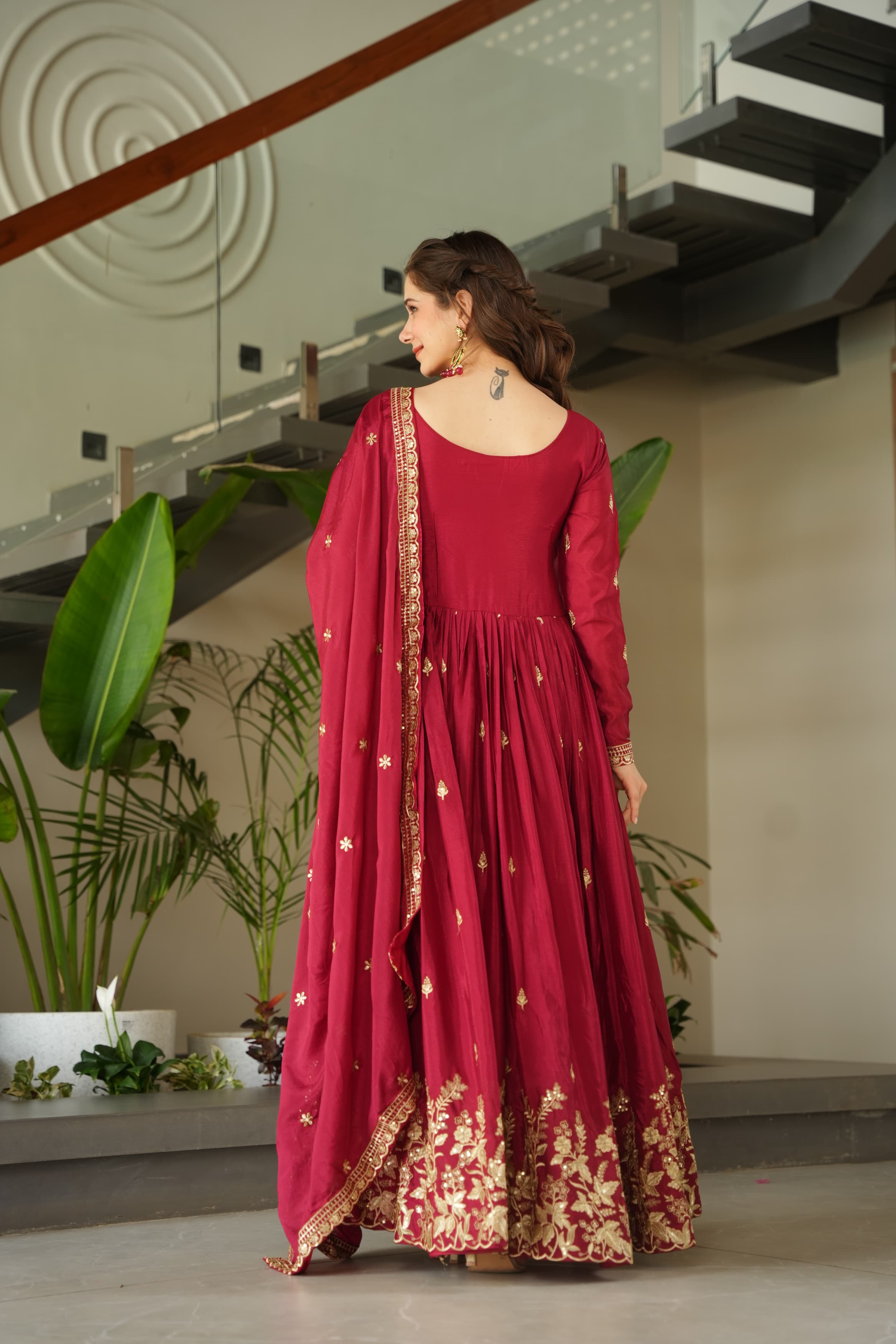 Prazu Fashion Red Chinnon With Embroidery Zari Sequins Work Gown - Distacart