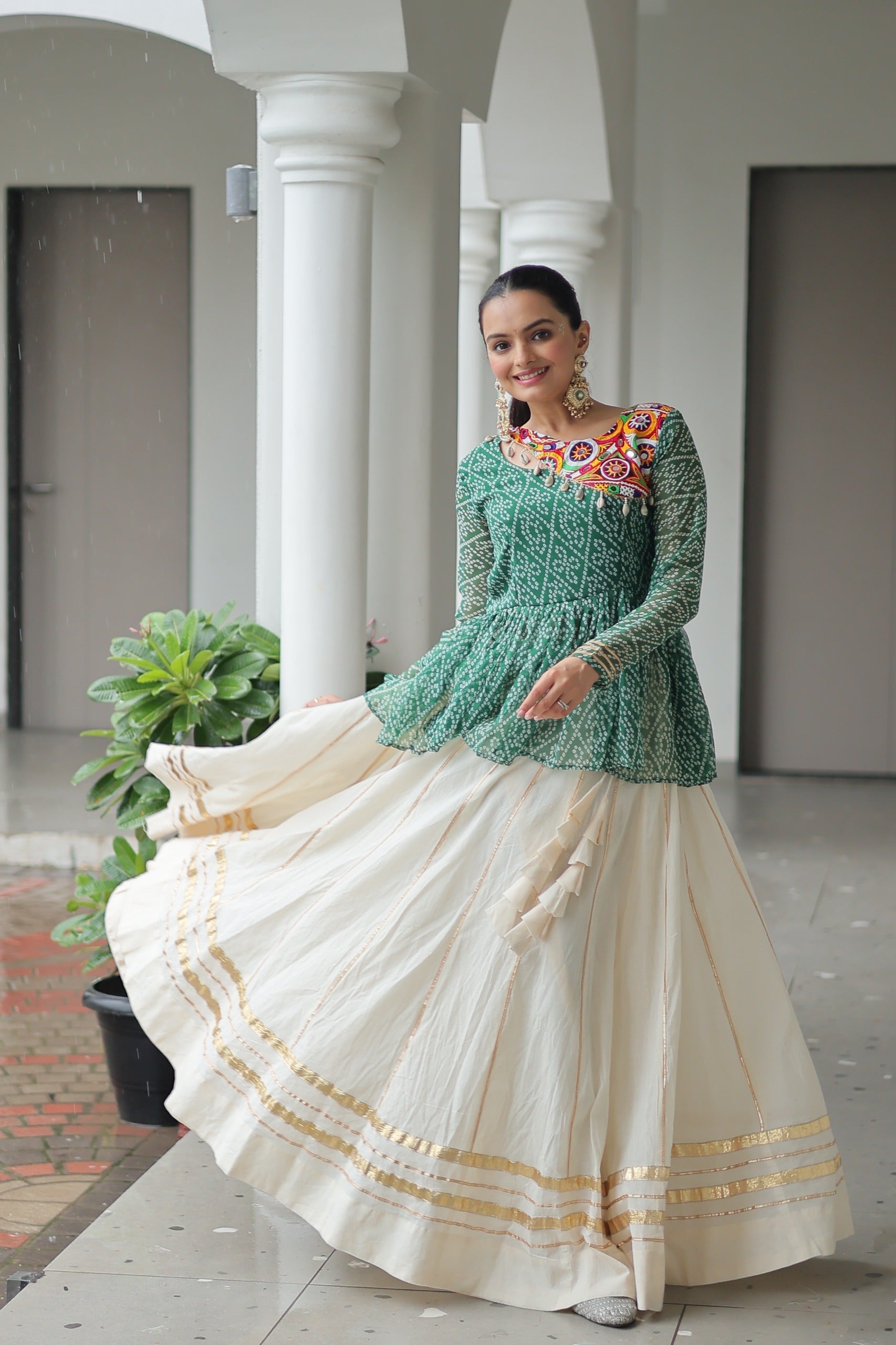 Prazu Fashion Green Bandhani Print Work With Kutchi Gamthi Patchework Navaratri Lehenga